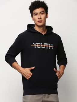 SHOWOFF - Men Hooded Typography Navy Blue Sweatshirt