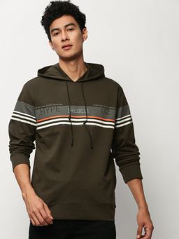 SHOWOFF - Men Hooded Graphic Olive Sweatshirt