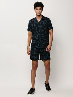 SHOWOFFFF - Men Shirt Collar Black Typography Printed Co-Ord (Set of 2)