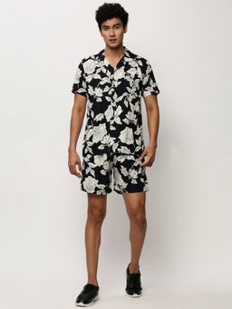 SHOWOFF - Men Shirt Collar Navy Blue Floral Printed Co-Ord (Set of 2)