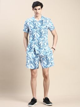 SHOWOFFFF - Men Shirt Collar Slim Fit Printed Blue Co-Ord (Set of 2)