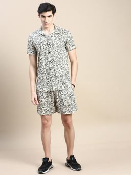 SHOWOFFFF - Men Shirt Collar Slim Fit Floral Printed Beige Co-Ord (Set of 2)