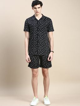 SHOWOFF - Men Shirt Collar Slim Fit Printed Black Co-Ord (Set of 2)