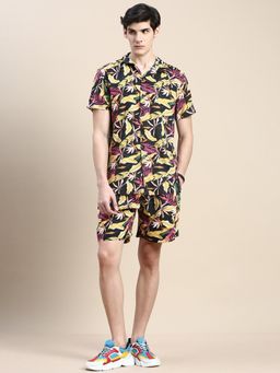 SHOWOFF - Men Shirt Collar Slim Fit Printed Black Co-Ord (Set of 2)