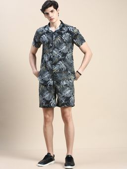 SHOWOFFFF - Men Shirt Collar Slim Fit Floral Printed Black Co-Ord (Set of 2)