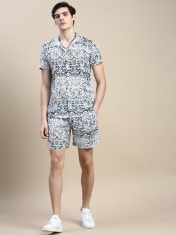 SHOWOFF - Men Shirt Collar Slim Fit Printed White Co-Ord (Set of 2)