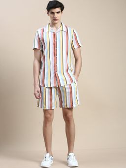 SHOWOFF - Men Shirt Collar Slim Fit Striped Multi-Color Co-Ord (Set of 2)