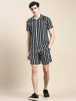 SHOWOFFFF - Men Shirt Collar Slim Fit Striped Black Co-Ord (Set of 2)