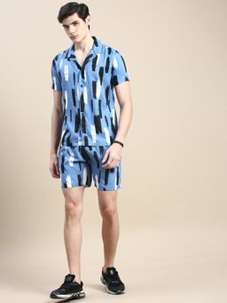 SHOWOFFFF - Men Shirt Collar Slim Fit Printed Blue Co-Ord (Set of 2)