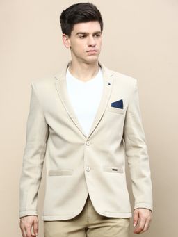 SHOWOFFFF - Men Notched Lapel Solid Beige Single Breasted Blazer