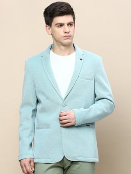 SHOWOFFFF - Men Notched Lapel Solid Sea Blue Single Breasted Blazer