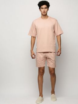 SHOWOFF - Men Round Neck Peach Solid Co-Ord (Set of 2)