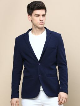 SHOWOFFFF - Men Notched Lapel Solid Navy Blue Single Breasted Blazer