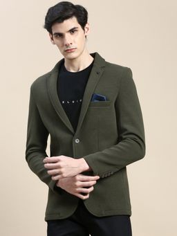 SHOWOFFFF - Men Notched Lapel Solid Olive Single Breasted Blazer