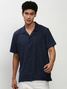 SHOWOFFFF - Men Short Sleeves Cuban Collar Navy Blue Solid Premium Shirt