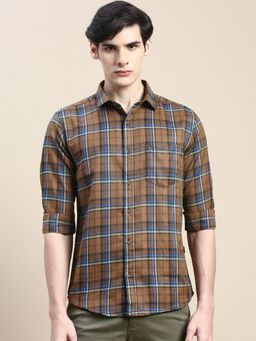 SHOWOFF - Men Long Sleeves Tartan Checks Spread Collar Brown Slim Fit Shirt