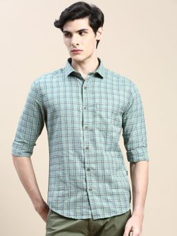 SHOWOFFFF - Men Long Sleeves Tartan Checks Spread Collar Green Slim Fit Shirt