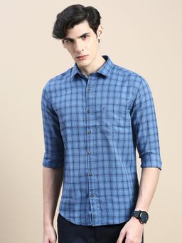 SHOWOFFFF - Men Long Sleeves Tartan Checks Spread Collar Blue Slim Fit Shirt