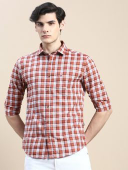 SHOWOFFFF - Men Long Sleeves Tartan Checks Spread Collar Rust Slim Fit Shirt