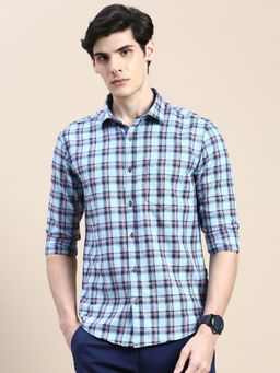 SHOWOFF - Men Long Sleeves Tartan Checks Spread Collar Blue Slim Fit Shirt