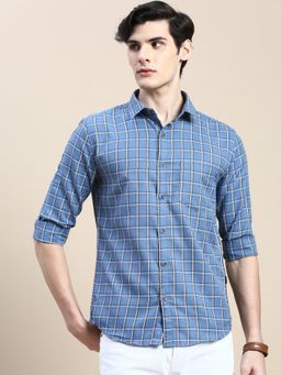 SHOWOFFFF - Men Long Sleeves Tartan Checks Spread Collar Blue Slim Fit Shirt