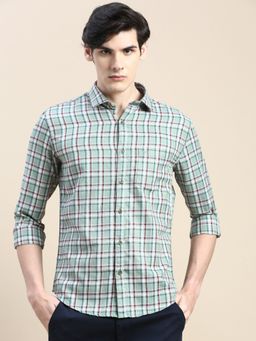 SHOWOFF - Men Long Sleeves Tartan Checks Spread Collar Green Slim Fit Shirt