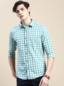 SHOWOFF - Men Long Sleeves Tartan Checks Spread Collar Sea Green Slim Fit Shirt