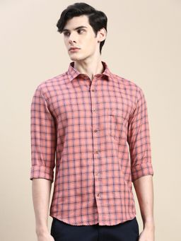 SHOWOFF - Men Long Sleeves Tartan Checks Spread Collar Pink Slim Fit Shirt