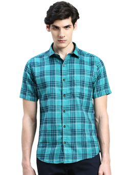SHOWOFFFF - Men Short Sleeves Tartan Checks Spread Collar Turquoise Slim Fit Shirt