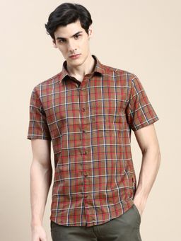 SHOWOFF - Men Short Sleeves Tartan Checks Spread Collar Brown Slim Fit Shirt