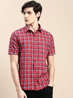 SHOWOFF - Men Short Sleeves Tartan Checks Spread Collar Red Slim Fit Shirt