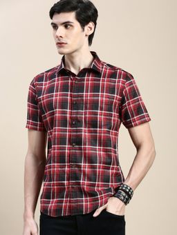 SHOWOFF - Men Short Sleeves Tartan Checks Spread Collar Red Slim Fit Shirt