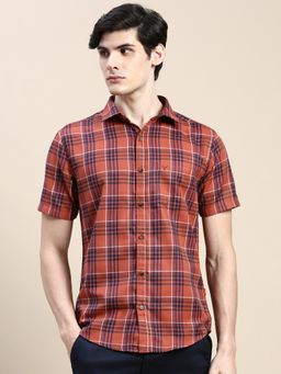 SHOWOFFFF - Men Short Sleeves Tartan Checks Spread Collar Rust Slim Fit Shirt