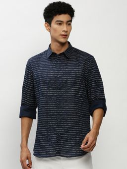SHOWOFF - Men Long Sleeves Spread Collar Navy Blue Horizontal Stripes Smart Shirt