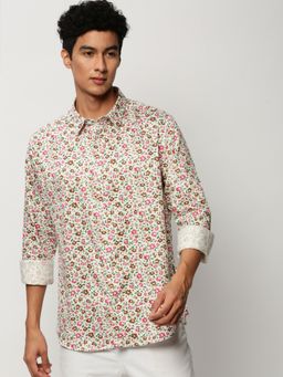 SHOWOFFFF - Men Long Sleeves Spread Collar Off White Floral Smart Shirt