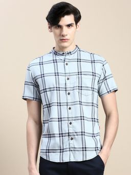 SHOWOFFFF - Men Short Sleeves Tartan Checks Mandarin Collar Blue Slim Fit Shirt