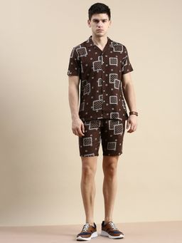 SHOWOFF - Men Short Sleeves Shirt Collar Brown Printed Co-Ord (Set of 2)