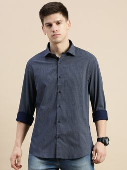 SHOWOFF - Men Long Sleeves Spread Collar Navy Blue Polka Dot Printed Slim Fit Shirt
