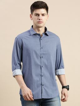 SHOWOFFFF - Men Long Sleeves Spread Collar Blue Printed Slim Fit Shirt