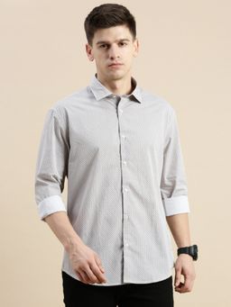 SHOWOFFFF - Men Long Sleeves Spread Collar Off White Geometric Slim Fit Shirt