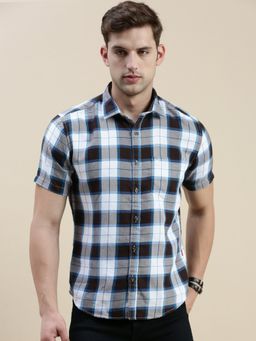 SHOWOFFFF - Men Short Sleeves Spread Collar Multi-Color Checked Slim Fit Shirt