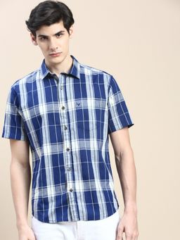 SHOWOFF - Men Short Sleeves Spread Collar Blue Checked Slim Fit Shirt