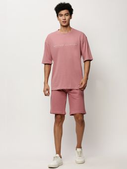 SHOWOFF - Men Round Neck Pink Solid Co-Ord (Set of 2)