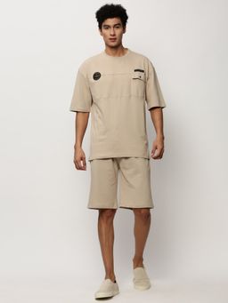 SHOWOFF - Men Round Neck Beige Solid Co-Ord (Set of 2)