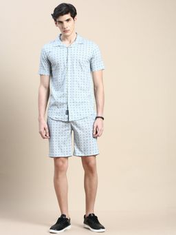 SHOWOFF - Men Shirt Collar Slim Fit Printed Sea Green Co-Ord (Set of 2)