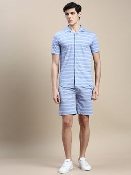 SHOWOFF - Men Shirt Collar Slim Fit Checked Blue Co-Ord (Set of 2)