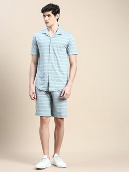 SHOWOFF - Men Shirt Collar Slim Fit Stripe Sea Green Co-Ord (Set of 2)