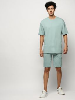 SHOWOFFFF - Men Round Neck Sea Green Solid Co-Ord (Set of 2)
