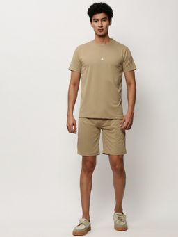 SHOWOFF - Men Round Neck Khaki Self Design Co-Ord (Set of 2)