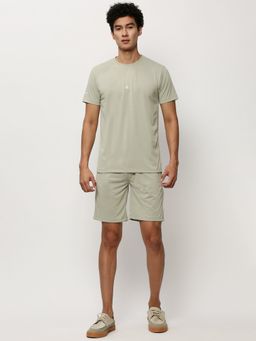SHOWOFF - Men Round Neck Olive Self Design Co-Ord (Set of 2)